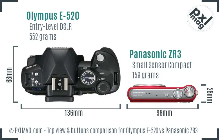 Olympus E-520 vs Panasonic ZR3 top view buttons comparison