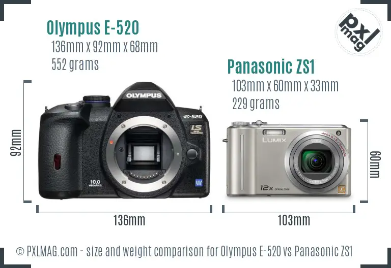 Olympus E-520 vs Panasonic ZS1 size comparison