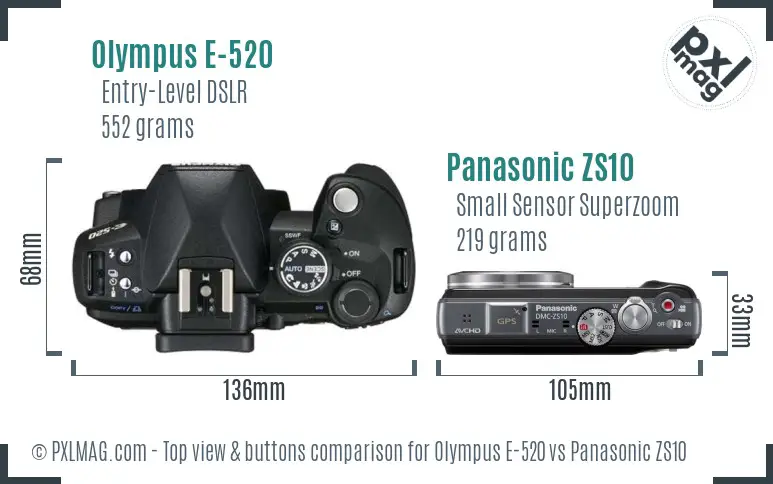 Olympus E-520 vs Panasonic ZS10 top view buttons comparison
