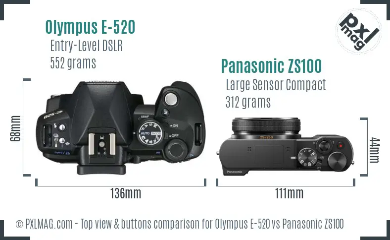Olympus E-520 vs Panasonic ZS100 top view buttons comparison