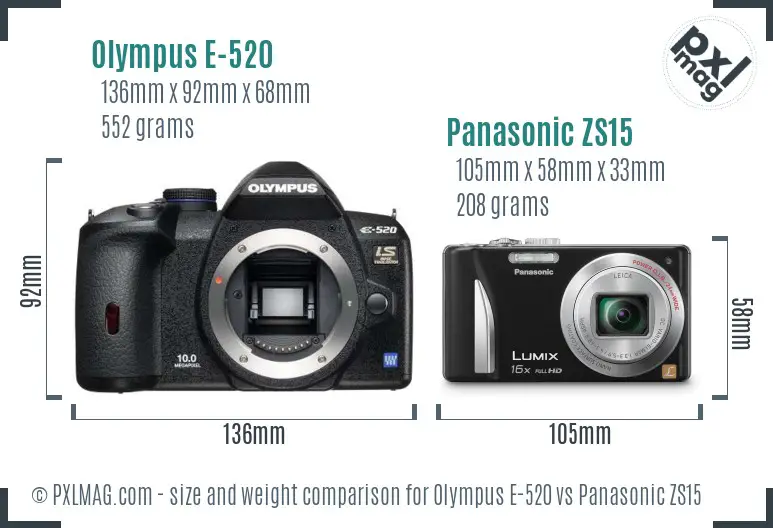 Olympus E-520 vs Panasonic ZS15 size comparison