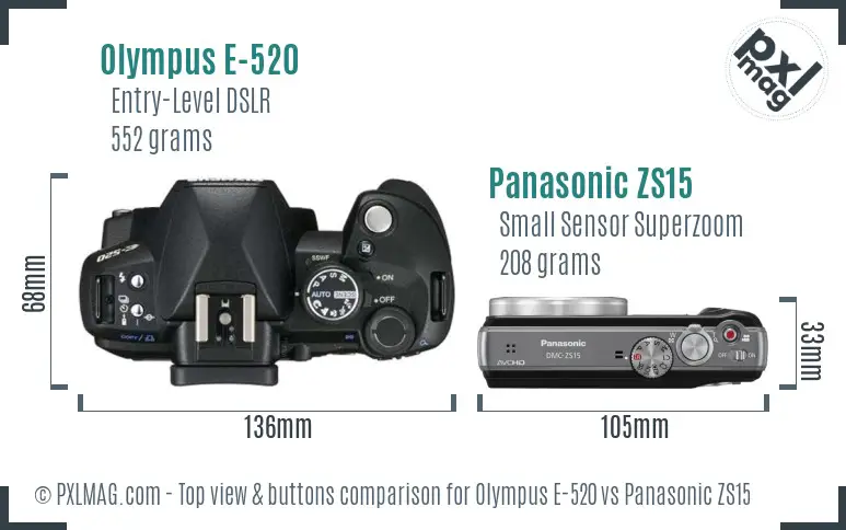 Olympus E-520 vs Panasonic ZS15 top view buttons comparison