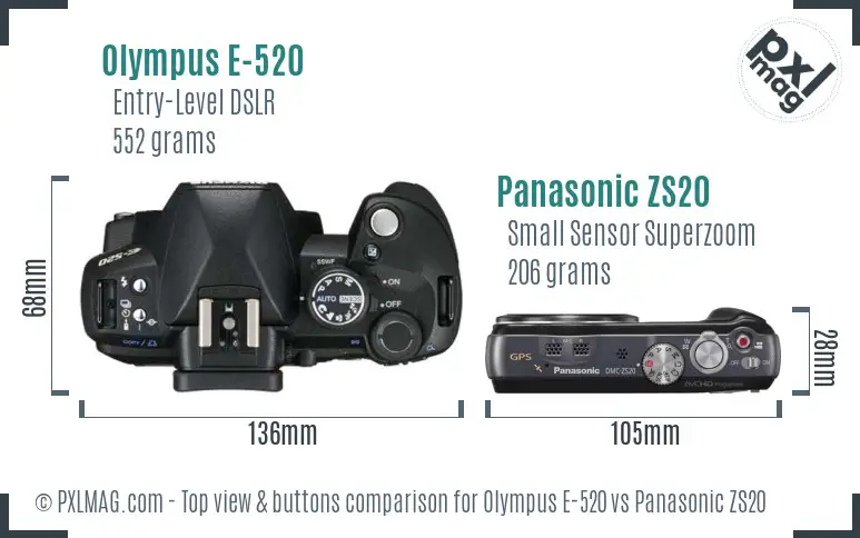 Olympus E-520 vs Panasonic ZS20 top view buttons comparison