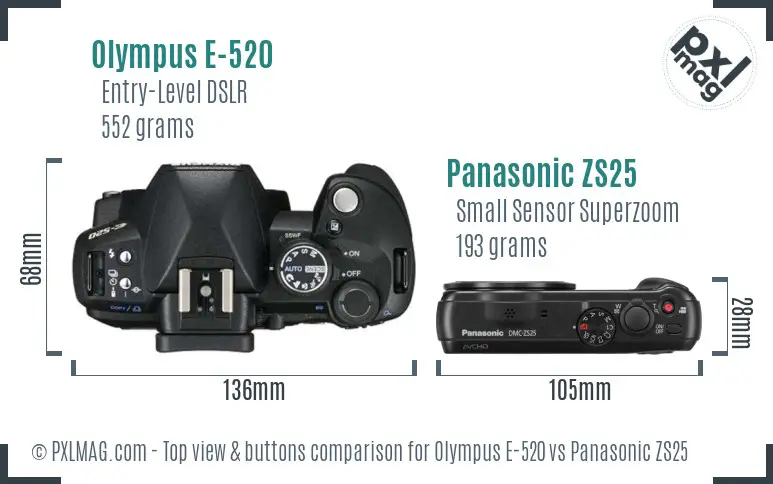 Olympus E-520 vs Panasonic ZS25 top view buttons comparison