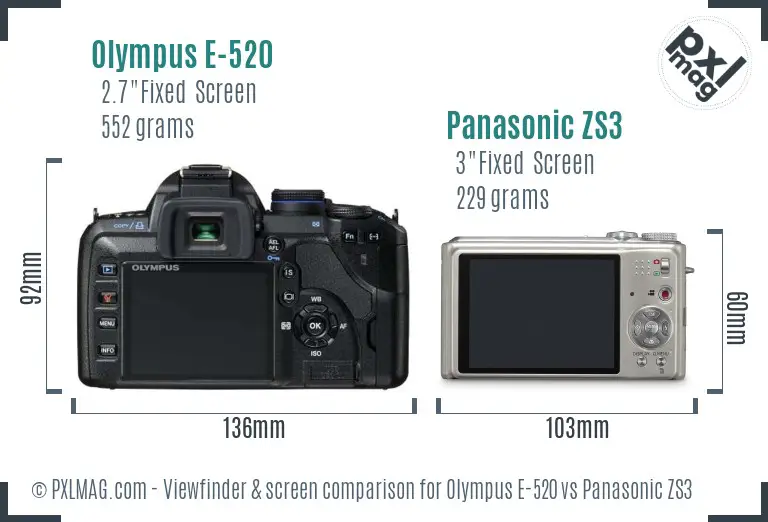 Olympus E-520 vs Panasonic ZS3 Screen and Viewfinder comparison