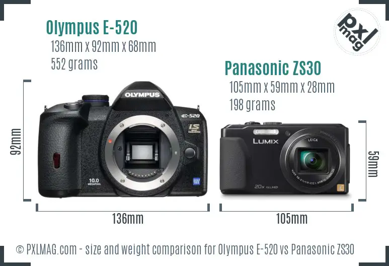 Olympus E-520 vs Panasonic ZS30 size comparison