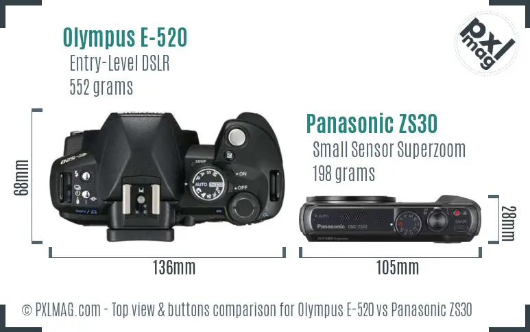 Olympus E-520 vs Panasonic ZS30 top view buttons comparison