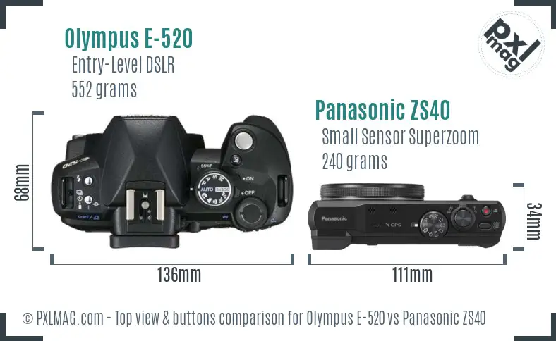 Olympus E-520 vs Panasonic ZS40 top view buttons comparison