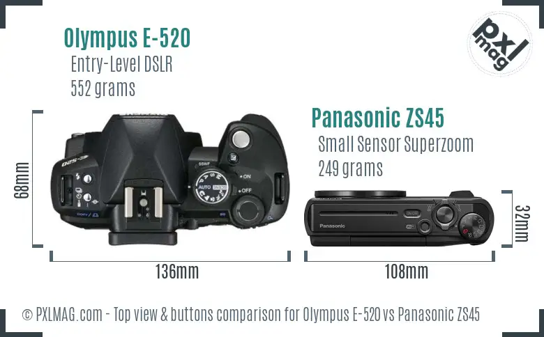 Olympus E-520 vs Panasonic ZS45 top view buttons comparison