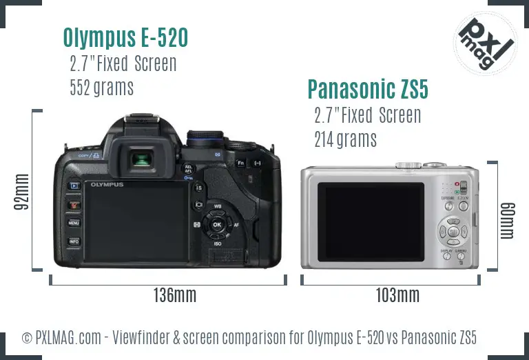 Olympus E-520 vs Panasonic ZS5 Screen and Viewfinder comparison