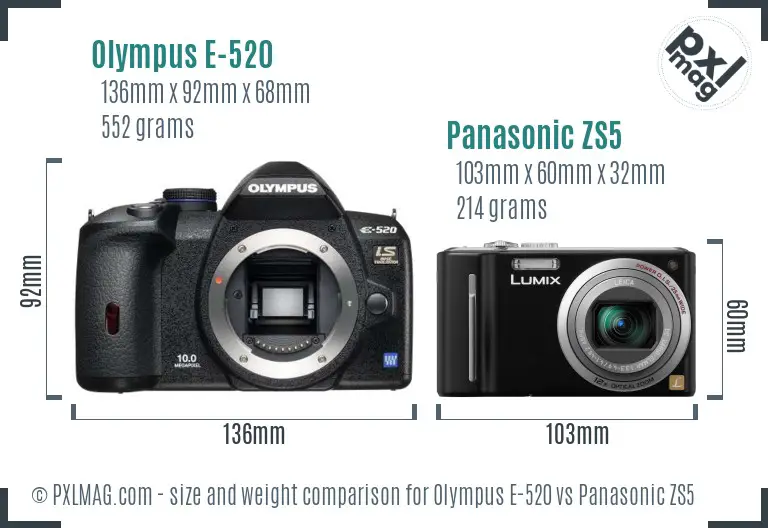 Olympus E-520 vs Panasonic ZS5 size comparison