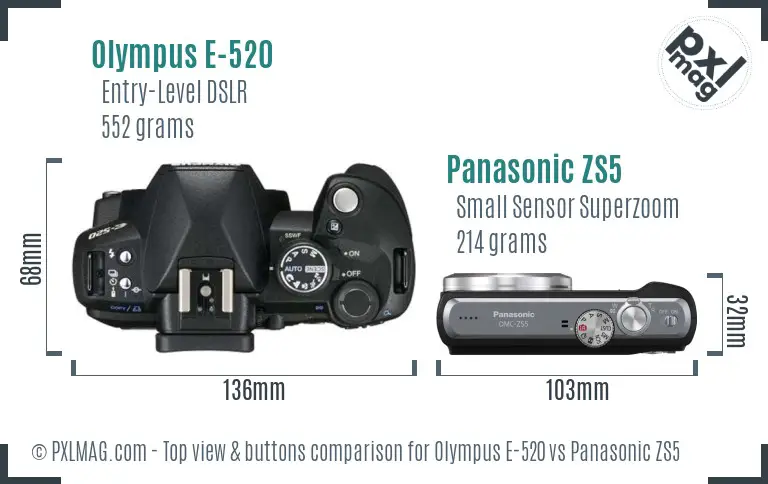 Olympus E-520 vs Panasonic ZS5 top view buttons comparison