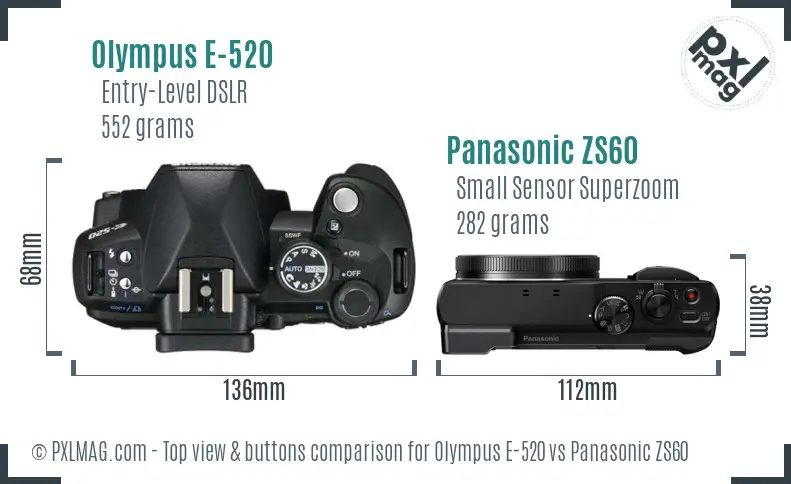 Olympus E-520 vs Panasonic ZS60 top view buttons comparison