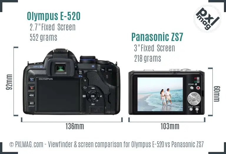 Olympus E-520 vs Panasonic ZS7 Screen and Viewfinder comparison