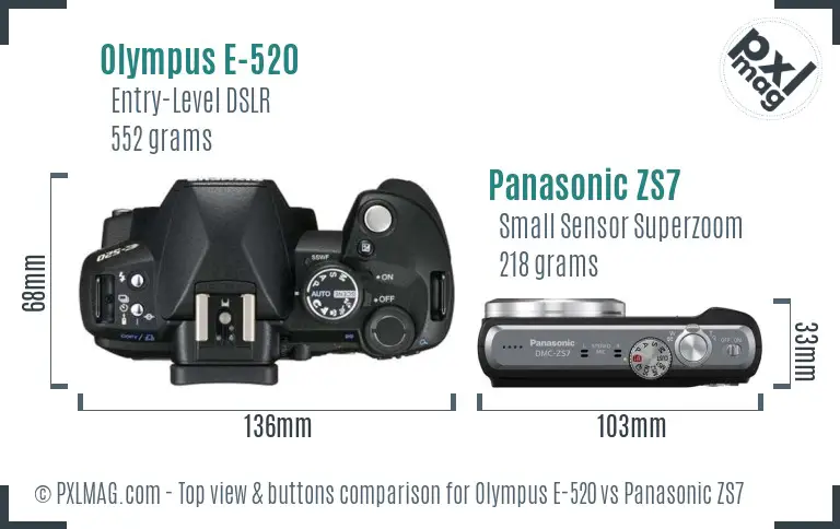 Olympus E-520 vs Panasonic ZS7 top view buttons comparison
