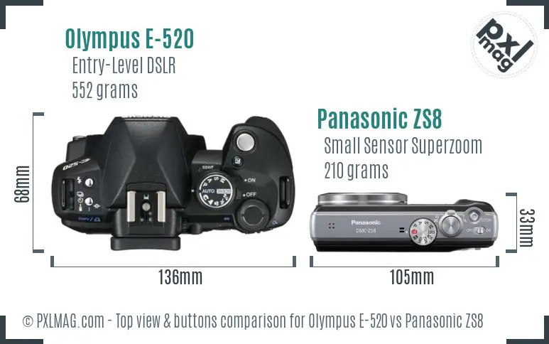 Olympus E-520 vs Panasonic ZS8 top view buttons comparison