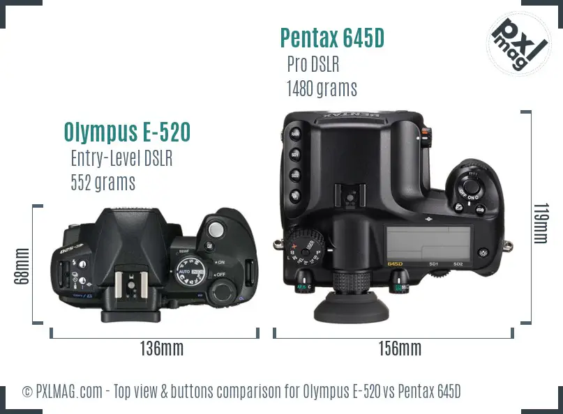 Olympus E-520 vs Pentax 645D top view buttons comparison
