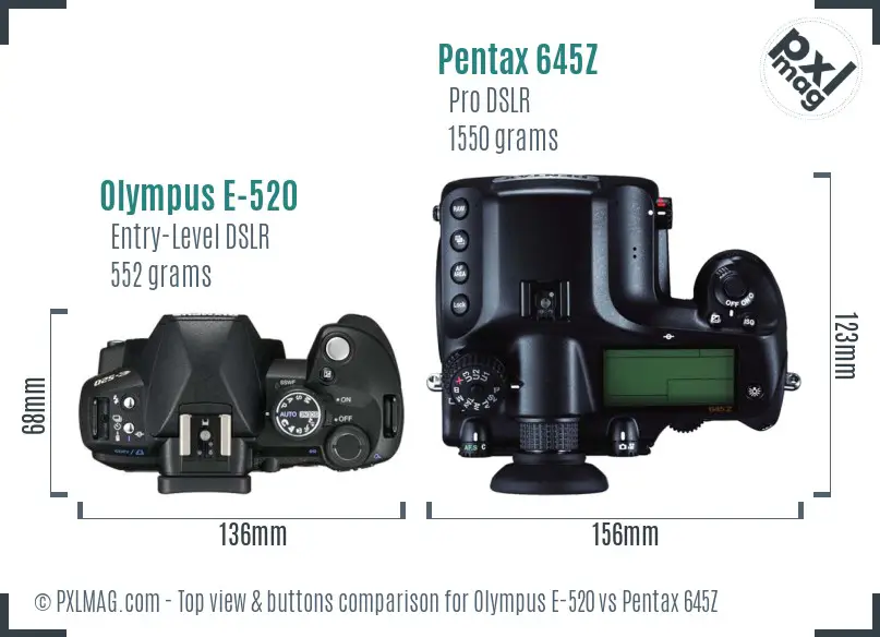 Olympus E-520 vs Pentax 645Z top view buttons comparison