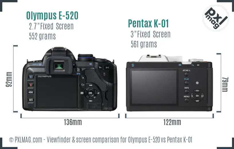Olympus E-520 vs Pentax K-01 Screen and Viewfinder comparison