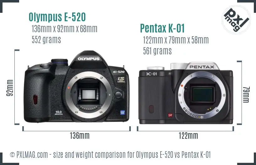 Olympus E-520 vs Pentax K-01 size comparison