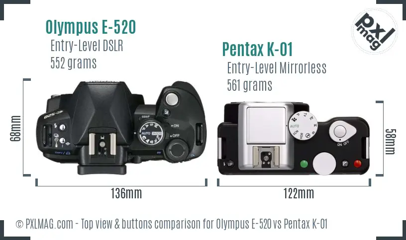 Olympus E-520 vs Pentax K-01 top view buttons comparison