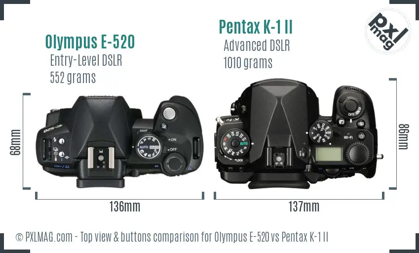 Olympus E-520 vs Pentax K-1 II top view buttons comparison