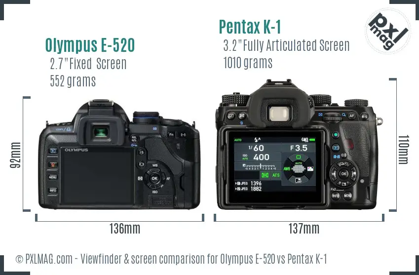 Olympus E-520 vs Pentax K-1 Screen and Viewfinder comparison