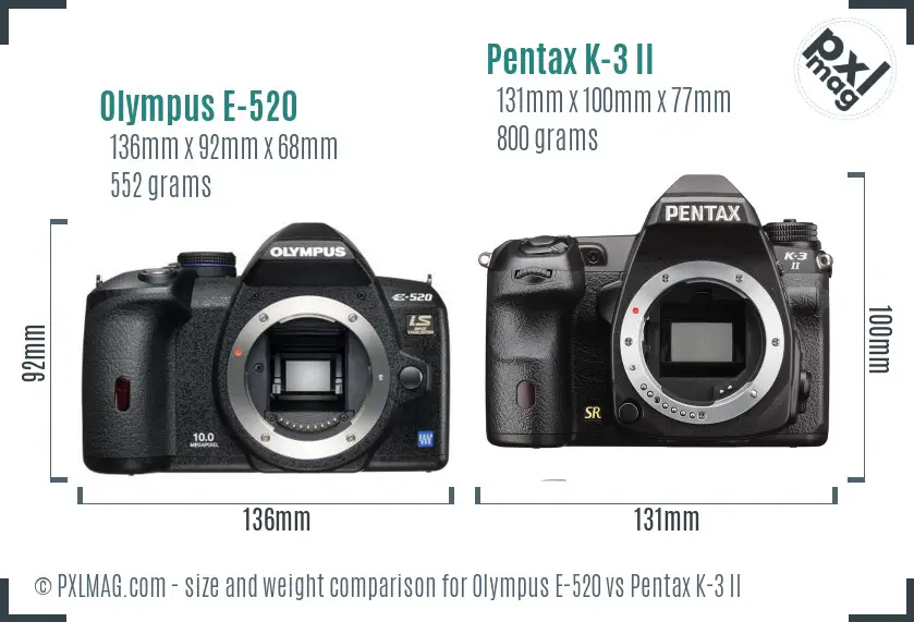 Olympus E-520 vs Pentax K-3 II size comparison