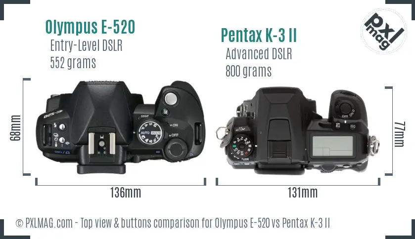 Olympus E-520 vs Pentax K-3 II top view buttons comparison