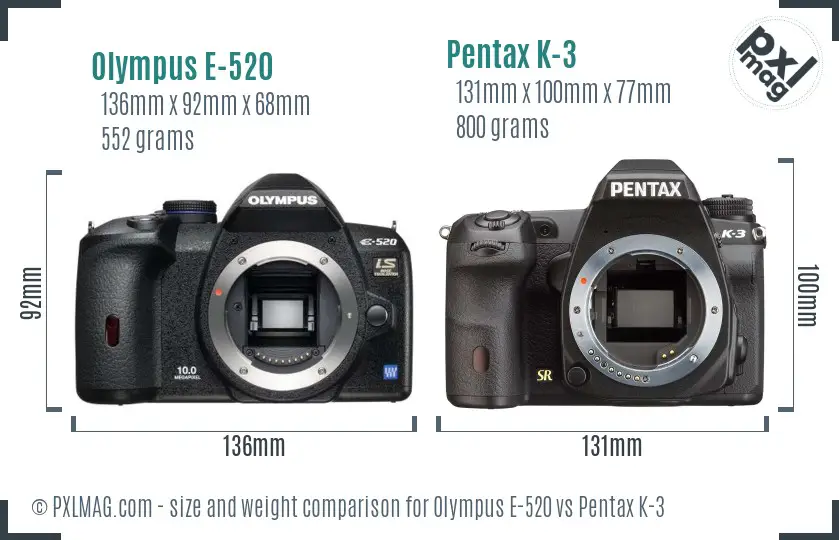 Olympus E-520 vs Pentax K-3 size comparison