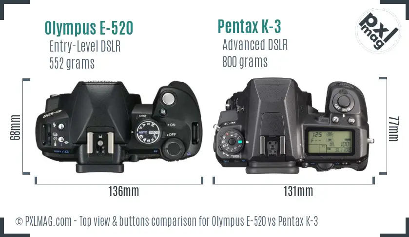 Olympus E-520 vs Pentax K-3 top view buttons comparison