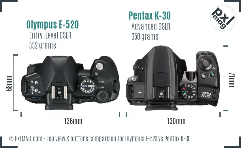 Olympus E-520 vs Pentax K-30 top view buttons comparison