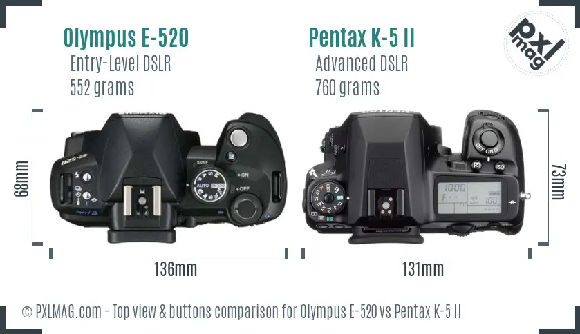 Olympus E-520 vs Pentax K-5 II top view buttons comparison