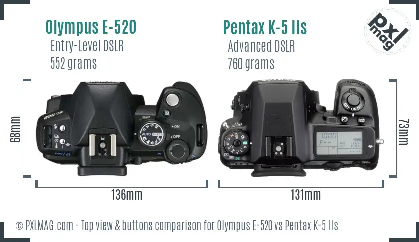 Olympus E-520 vs Pentax K-5 IIs top view buttons comparison