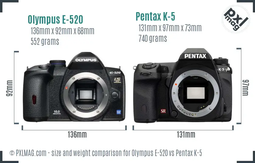 Olympus E-520 vs Pentax K-5 size comparison