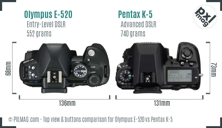 Olympus E-520 vs Pentax K-5 top view buttons comparison