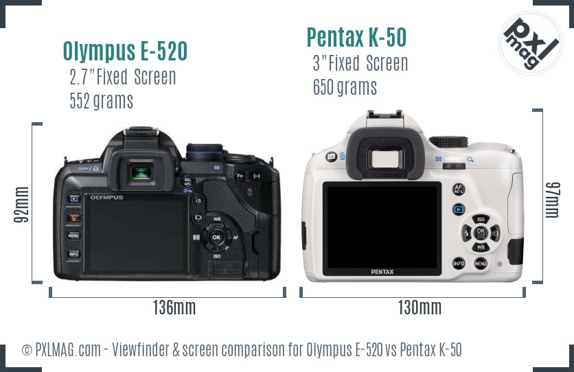 Olympus E-520 vs Pentax K-50 Screen and Viewfinder comparison
