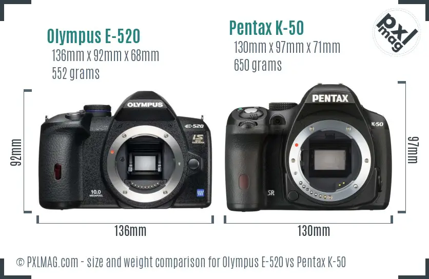 Olympus E-520 vs Pentax K-50 size comparison