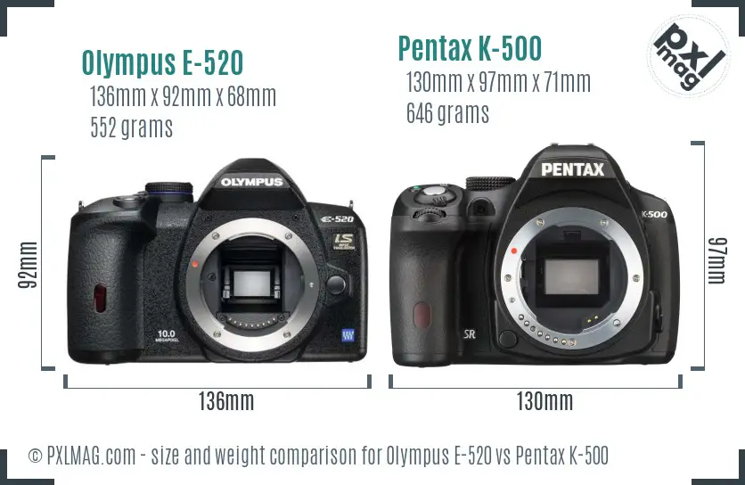 Olympus E-520 vs Pentax K-500 size comparison