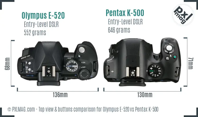 Olympus E-520 vs Pentax K-500 top view buttons comparison