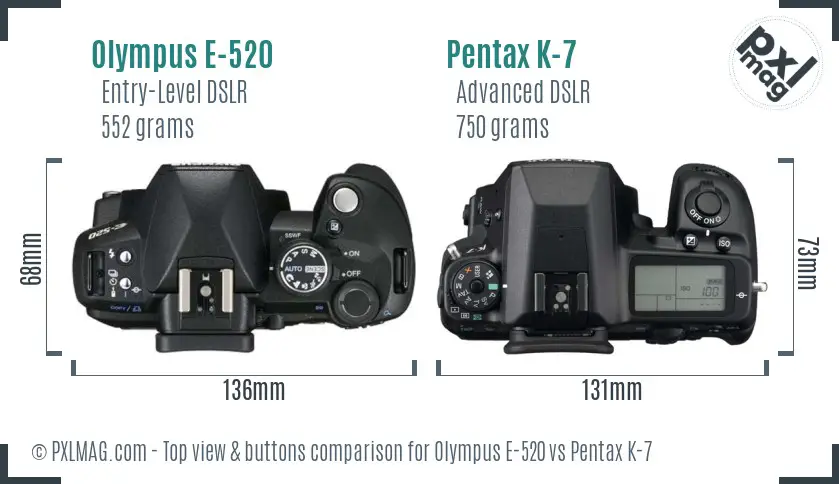 Olympus E-520 vs Pentax K-7 top view buttons comparison
