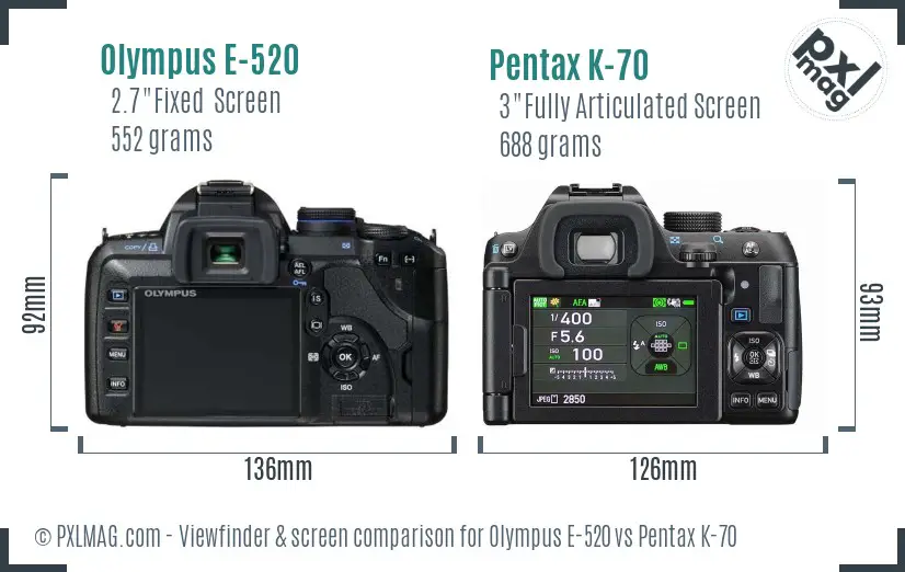 Olympus E-520 vs Pentax K-70 Screen and Viewfinder comparison