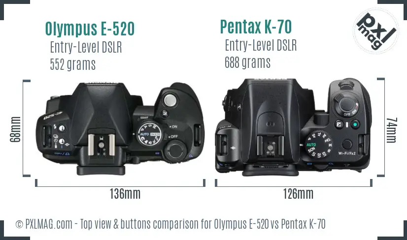 Olympus E-520 vs Pentax K-70 top view buttons comparison