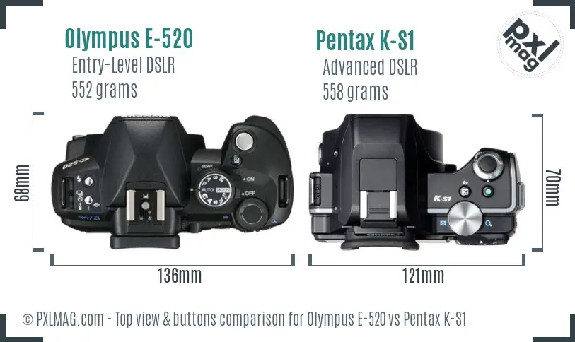 Olympus E-520 vs Pentax K-S1 top view buttons comparison