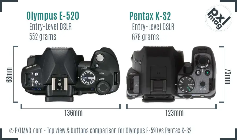 Olympus E-520 vs Pentax K-S2 top view buttons comparison