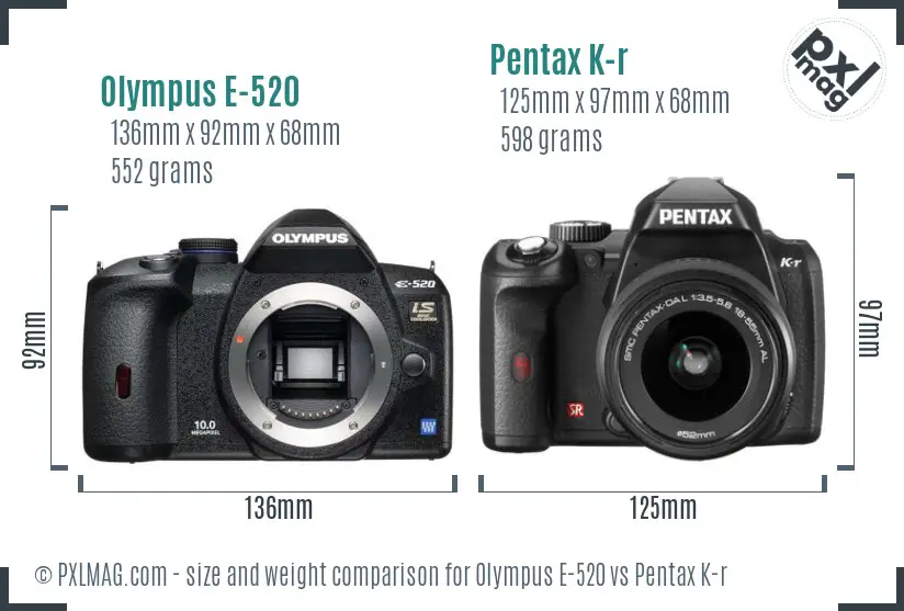 Olympus E-520 vs Pentax K-r size comparison