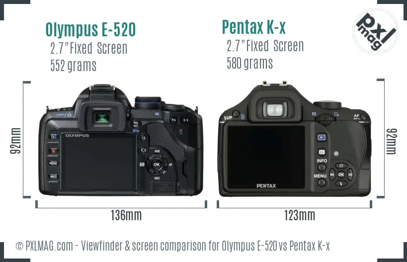 Olympus E-520 vs Pentax K-x Screen and Viewfinder comparison