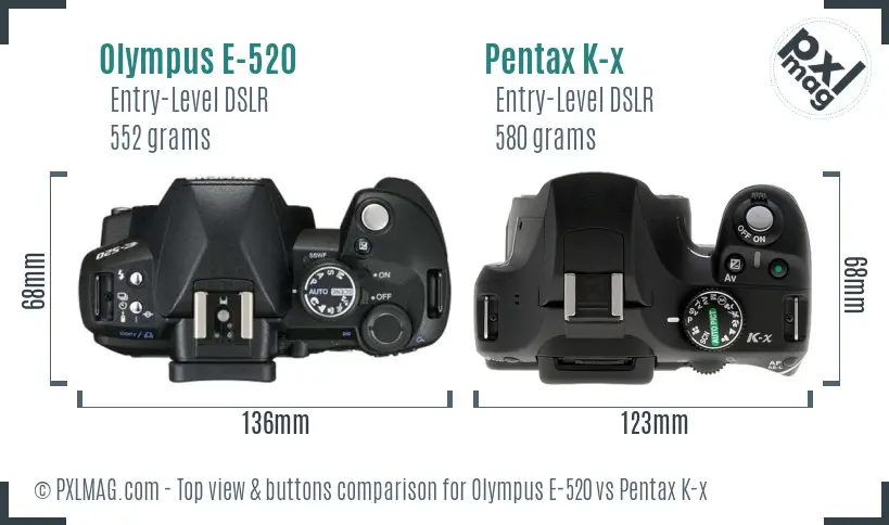Olympus E-520 vs Pentax K-x top view buttons comparison