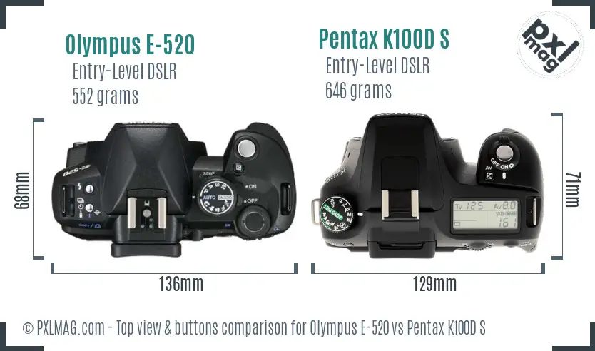 Olympus E-520 vs Pentax K100D S top view buttons comparison