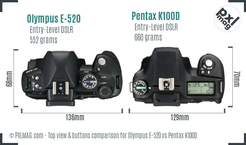 Olympus E-520 vs Pentax K100D top view buttons comparison